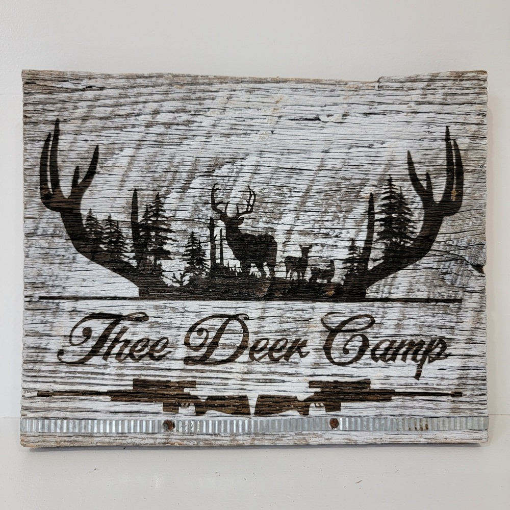 Rustic Reclaimed 1960s barnwood Thee Deer Camp Wall Art Hunting Cabin Decor Sign
